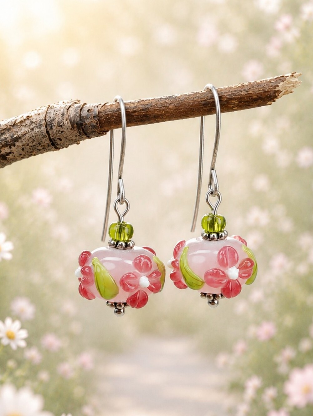 Pink Lampwork Glass Flower Earrings Cottage Garden Artisan Hand Crafted